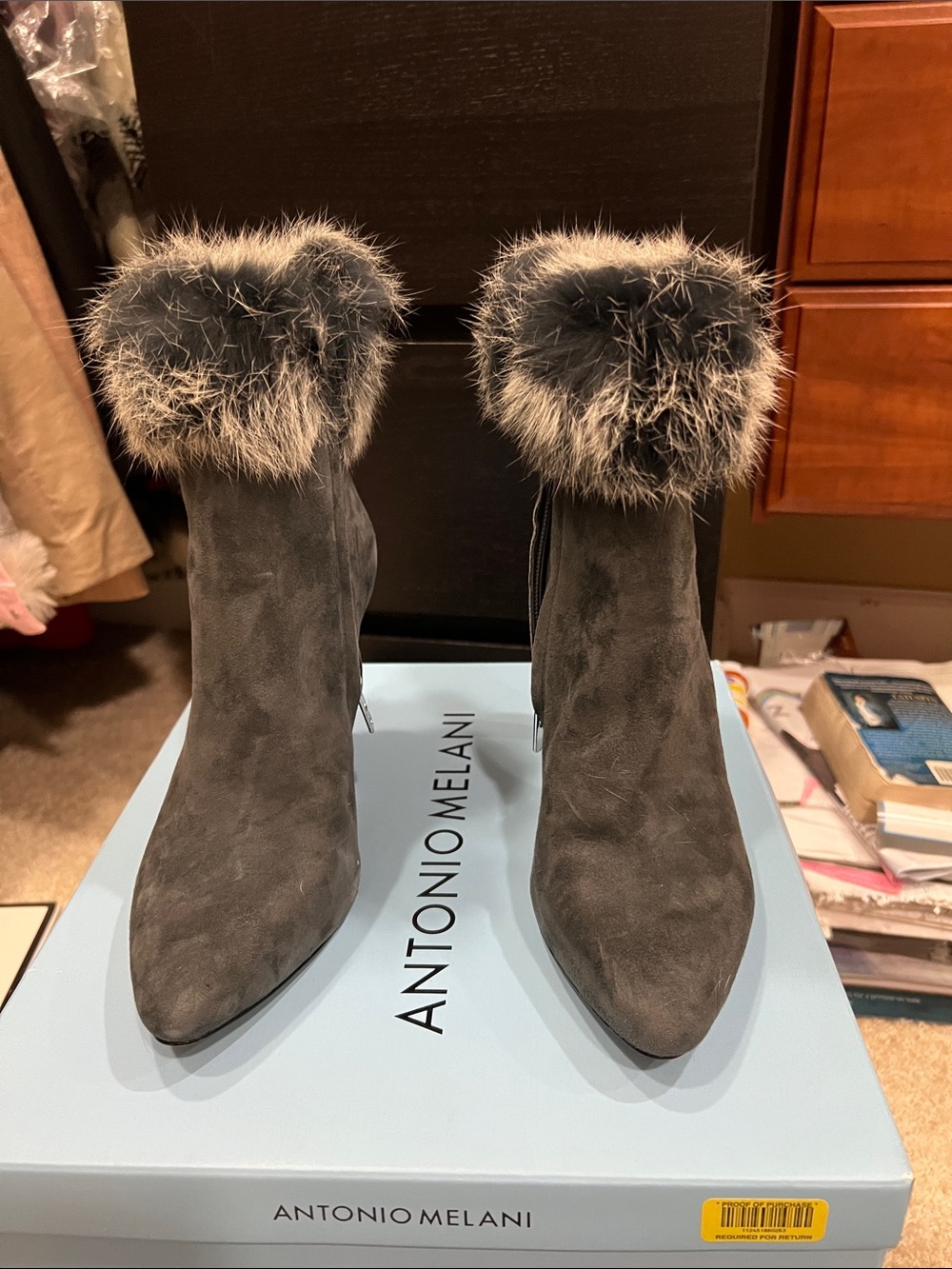 ANTONIO MELANI Gray Suede Faux Fur Trim Ankle Booties